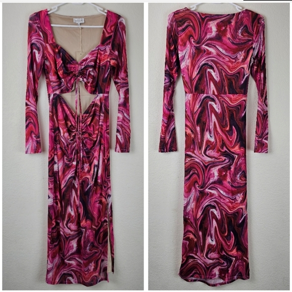 NWT VICI x ACOA Marble Print Mesh Cutout Midi Dress Red Pink Small - Picture 6 of 12